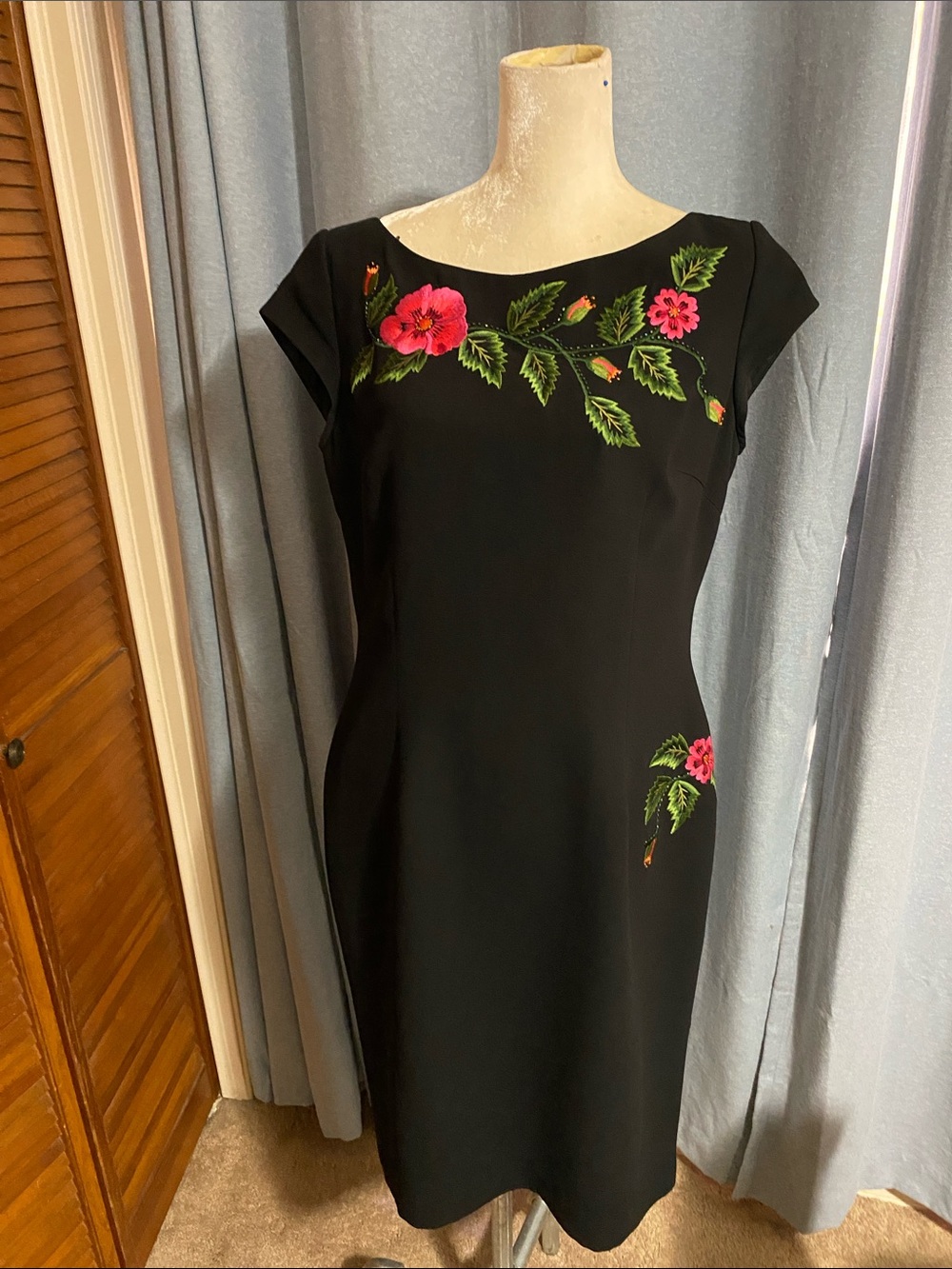 Maggy London Black Midi Dress with Pink Floral Embroidery